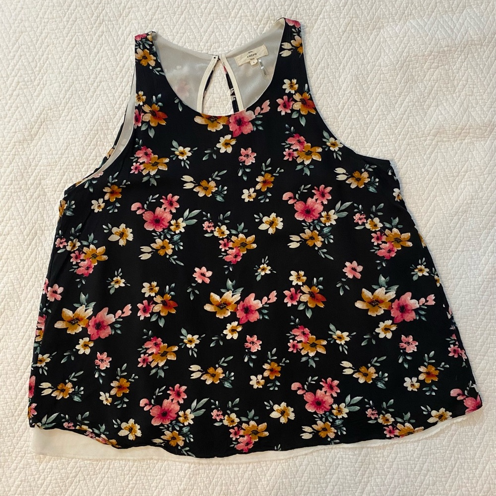 Floral Sleeveless Top - Black with Pink and Yellow Flowers